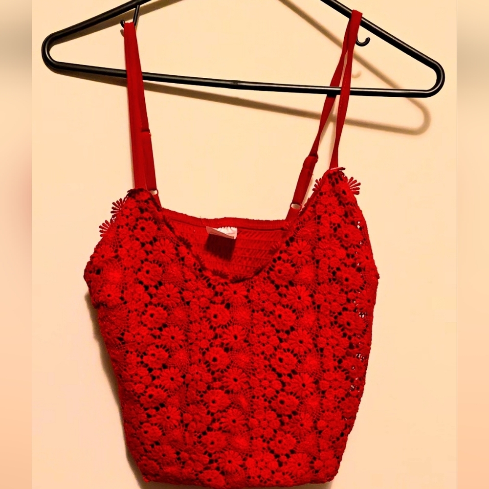 Red Smocked Lace Trim Cami Top No Boundaries Size 3-5